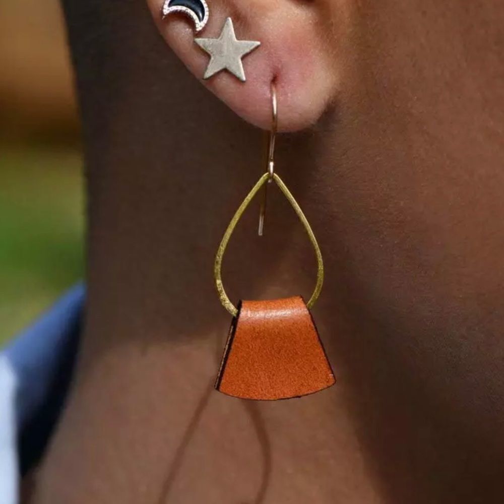 Tan Leather Wrap Gold Wire Drop Earrings NWT